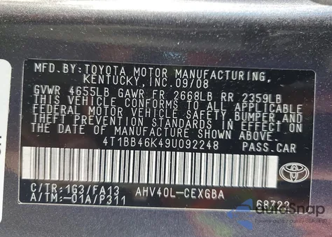 2009 Toyota Camry Hybrid Base z USA, uszkodzony, nr VIN 4T1BB46K49U092248